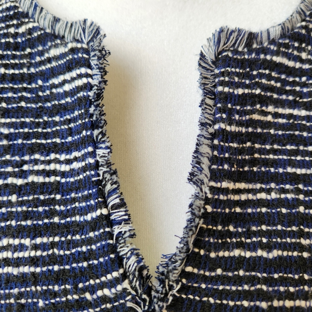 Tweed Fall Sheath Dress Navy Blue White Stripes Sleeveless Fringe Paris Size 10 - Picture 7 of 17